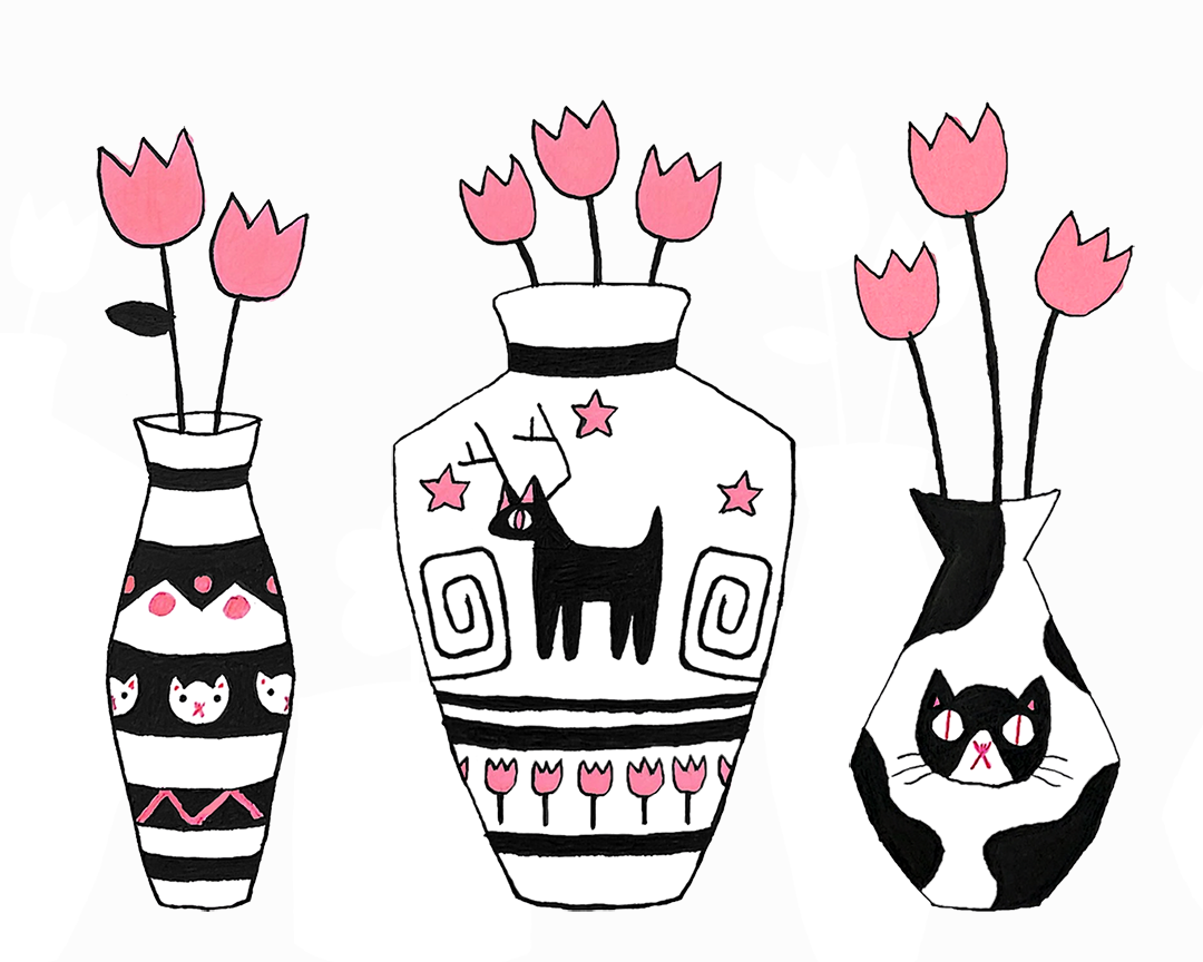 3 drawings of stylized vases holding simple pink flowers, each with a different design—from left to right: A thin vase with a black-and-white pattern of varying horizontal lines, small pink decorative details, and a horizontal line of simple small white cat faces in the middle; A thicker vase with a simply stylized, solid black deer with pink pupil and inner ear details positioned in the center of the vase and a thin black swirl on either side, black horizontal line and pink star decorative details, and a horizontal line of small simple pink flowers towards the bottom; And finally, a vase that is thicker towards the bottom and thinner towards the top with a stylized tuxedo cat face in the center surrounded by large black cow-like spots. These drawings sit in a row on a slightly off-white background.