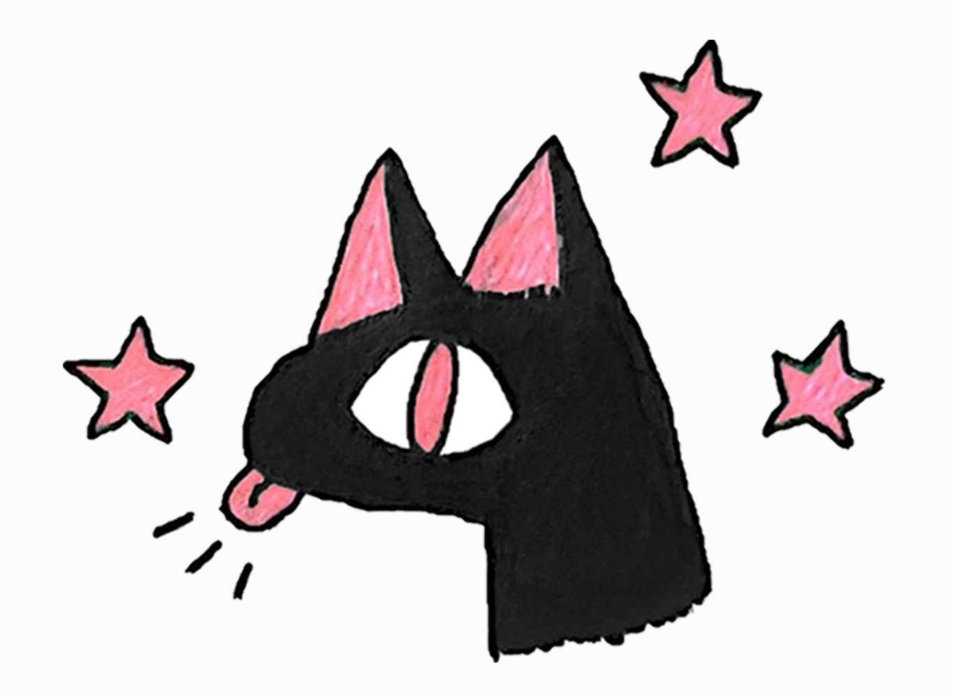 Headshot drawing of a simply stylized, vaguely cat-like critter that is solid black with pink details and a pink tongue extending from their face with 3 thin black emphasis lines surrounding it. The critter is surrounded by 3 small pink stars and lies on a slightly off-white background.
