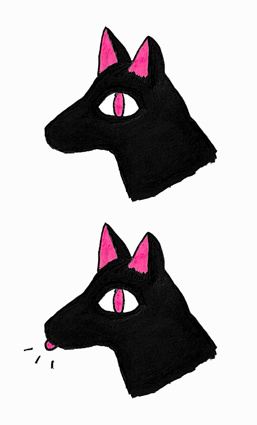 2 drawings of a simply stylized dog that is solid black with bright pink pupil and inner ear details. The first drawing is just a headshot of the dog. Directly below that is the same headshot drawing, but with the dog's pink tongue sticking out of their mouth slightly and 3 black emphasis lines surrounding it. These drawings lie vertically from each other on a slightly off-white background.