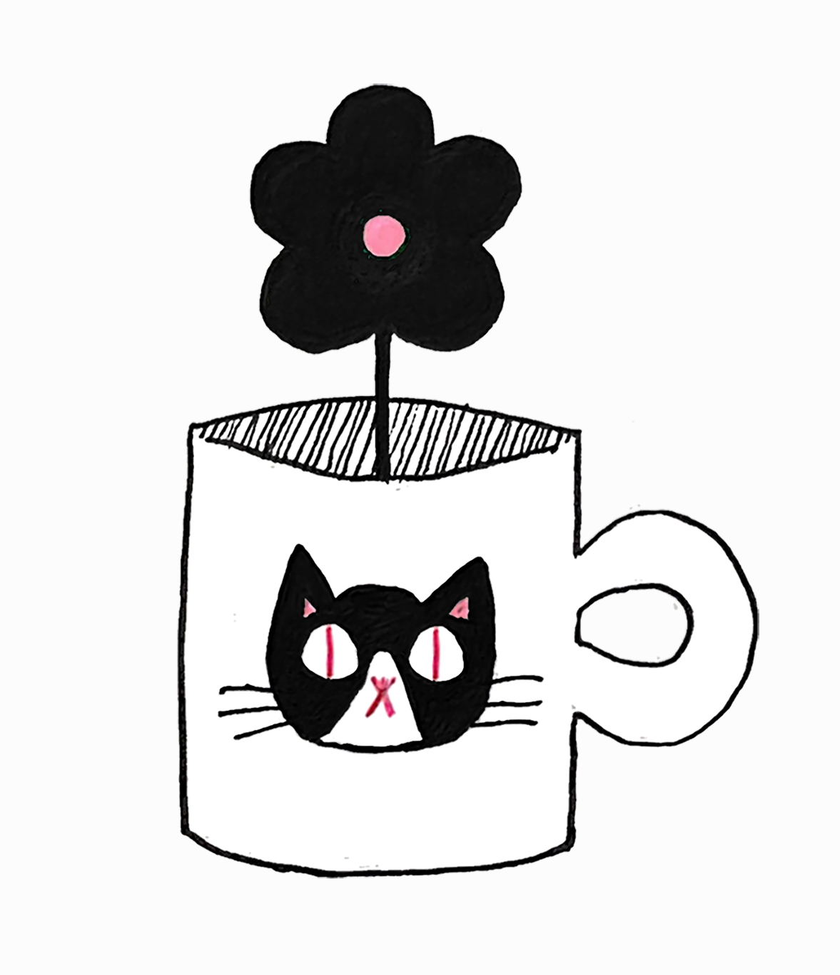 Drawing of a stylized mug containing a simple black flower with a pink center. Centered on the front of the mug is a stylized tuxedo cat face. The entire drawing is centered on a slightly off-white background.