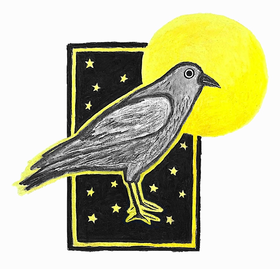Stylized drawing of a dark gray crow with darker gray feather details. The crow has a large yellow circle directly behind their head to imitate the moon, which connects with a thin yellow outline surrounding the entire crow, and is positioned in the middle of a black rectangle with a thin yellow stripe around the border and many small yellow stars inside. The crow's tail feathers and top of the yellow circle/moon slightly break out of the rectangle. The entire drawing is centered on a slightly off-white background.