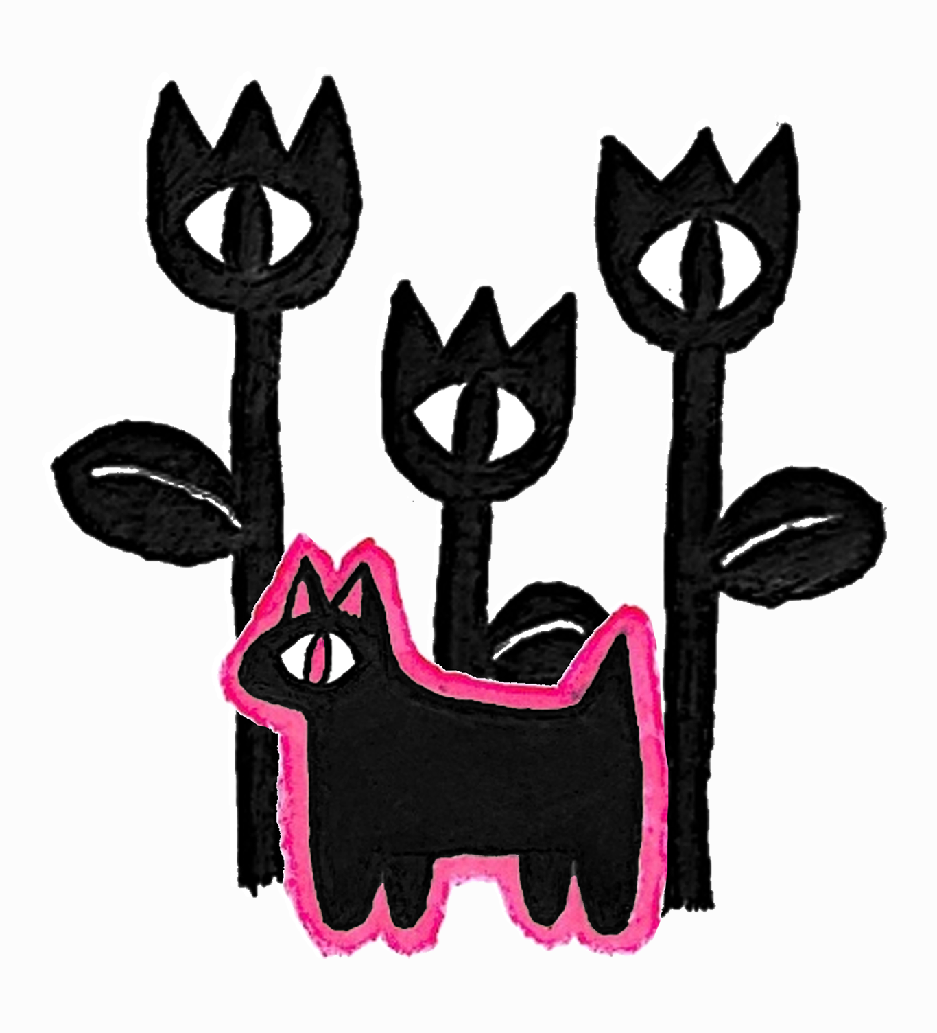 Drawing of a simply stylized, vaguely cat-like critter that is solid black with pink details. They are surrounded by a pink outline, and behind them are 3 solid black flowers of varying heights each with one eye with a black pupil, thick stem, and black leaf with a white line detail. The entire composition lies on a slightly off-white background.