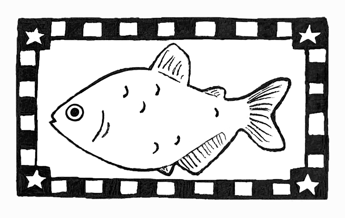 Stylized black lineart of a large-bodied fish inside a black-and-white checkered frame. Each of the 4 corner squares of the frame are slightly larger than the rest of the checkered squares, and are black with a white star. The entire composition is centered on a slightly off-white background.