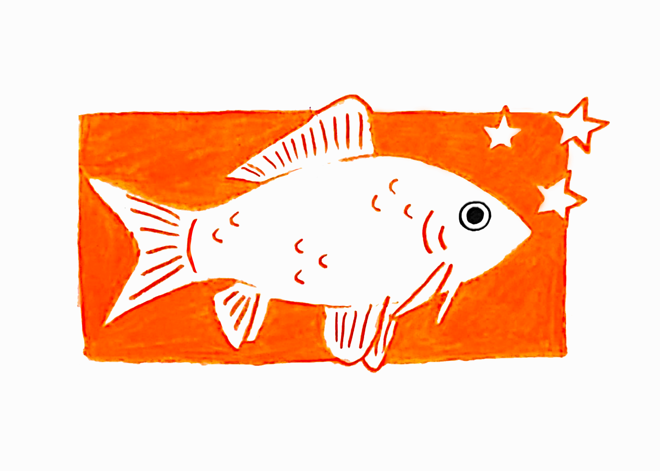 Digitally edited lineart of a goldfish, drawn in orange colored pencil, with an orange rectangle behind it and 3 orange-outlined stars to the upper right. The entire composition is centered on a slightly off-white background.