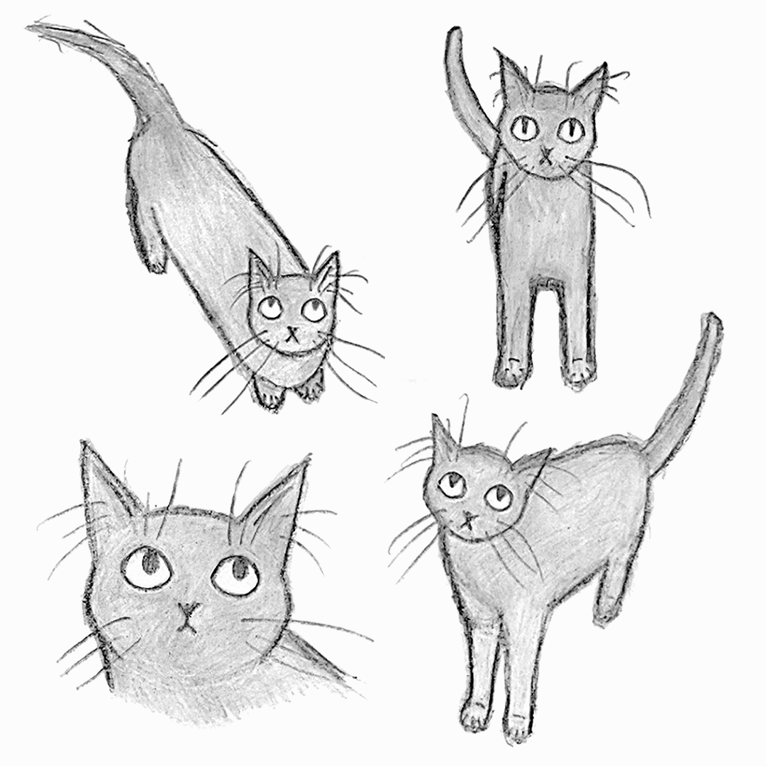 4 stylized grayscale pencil drawings of a black cat with various facial expressions and in a variety of poses poses on a slightly off-white background.