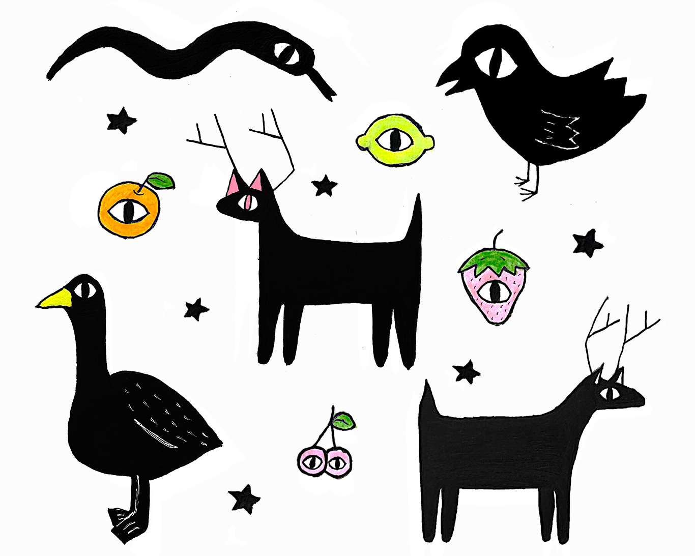 Drawings of 5 simply stylized, solid black animals, each with a single large eye—from left to right, top to bottom: A snake; A bird; A deer with pink inner-ear and pupil details; A longer-necked bird with a yellow beak; And finally, a slightly longer, solid black deer. Scattered between the animals are small, flat-colored, simply stylized drawings of an orange, a lemon, a strawberry, and a pair of cherries, each with a single eye similar to the animals’ eyes. There are 6 small black stars scattered amongst all the drawings. All of this lies on a slightly off-white background.