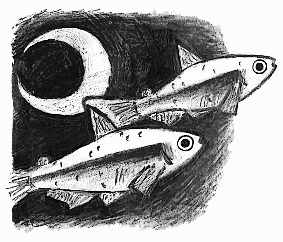 Stylized grayscale drawing of two black neon tetra fish in a dark sky with a white crescent moon behind them. one fish swims partially out of the frame of the dark sky and onto the slightly off-white background.