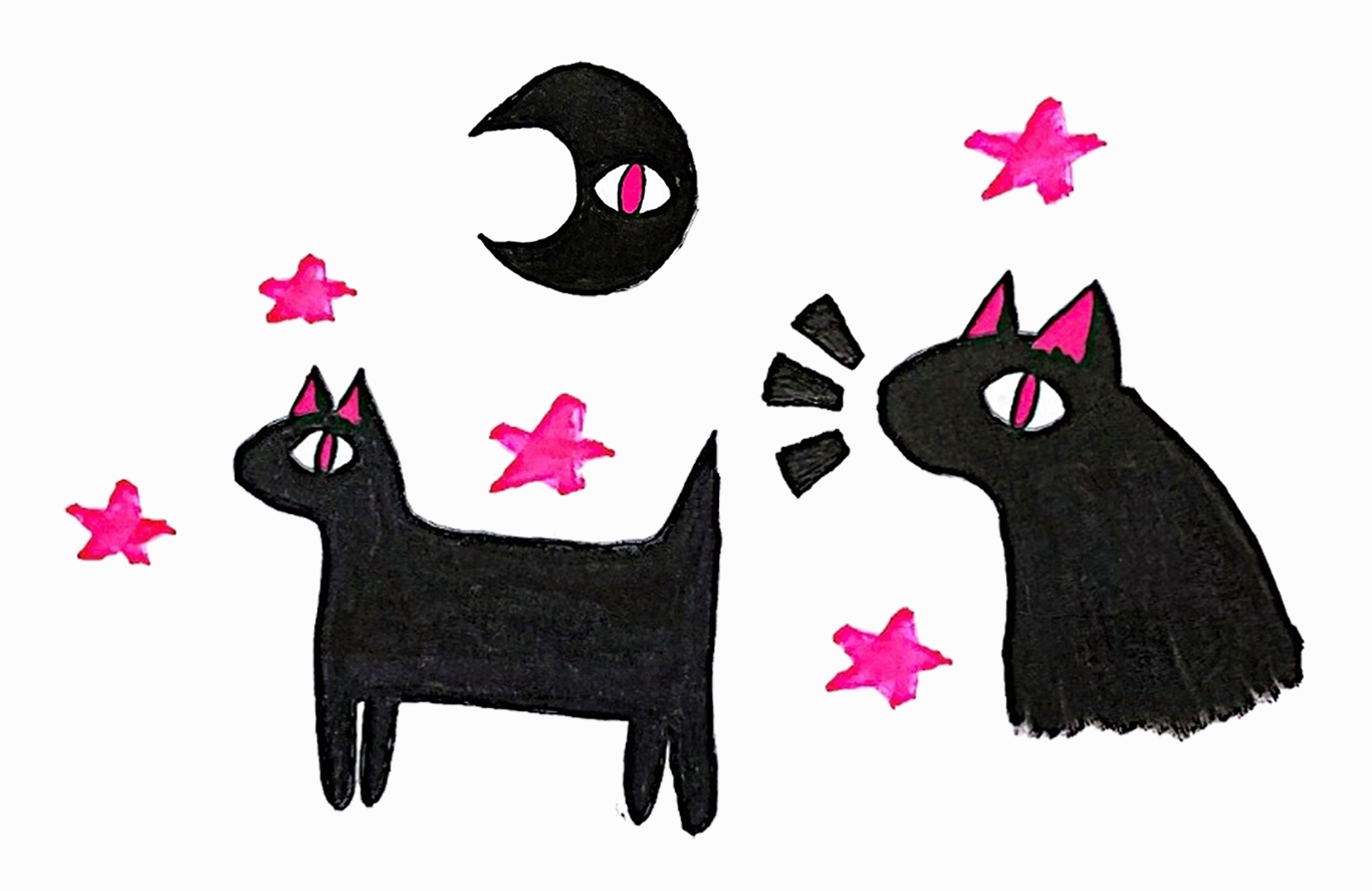 Drawings of a simply stylized, vaguely cat-like critter. The critter is solid black with one visible eye with a bright pink pupil, pointy ears with the same bright pink inside, and no visible mouth or other facial features. The page includes one drawing of the critter’s full body, which has four legs and a pointy tail. To the right of that drawing is one drawing of just the critter’s head, with three solid black emphasis lines extending from their face. Slightly above the critter drawings is a solid black moon with an eye with a bright pink pupil similar to the critter’s eye. Scattered amongst these drawings are five bright pink stars. These drawings lie on a slightly-off white background.
