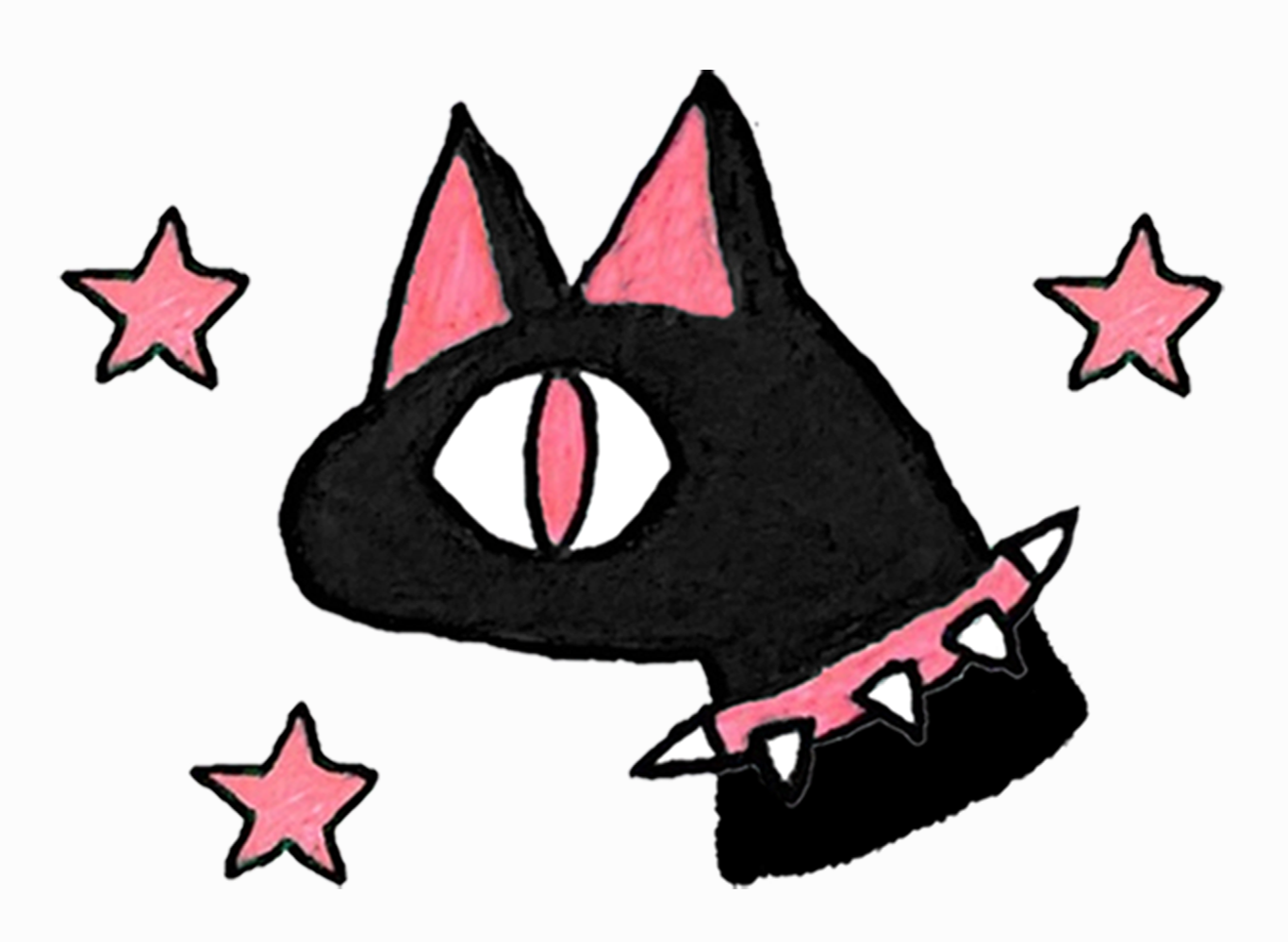 Headshot drawing of a simply stylized, vaguely cat-like critter that is solid black with pink details, wearing a pink spiked collar around their neck. They are surrounded by 3 small pink stars and centered on a slightly off-white background.