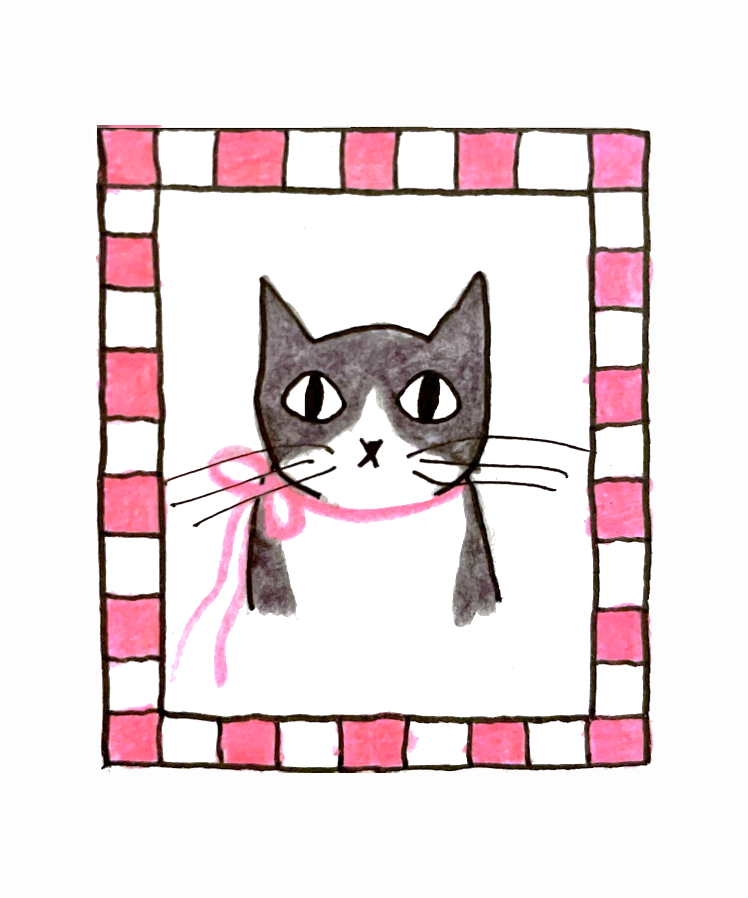 Ink, colored pencil, and marker drawing of a tuxedo cat wearing a pink bow around his neck, bordered by a pink and white checkered frame. All of this is centered on a slightly off-white background.