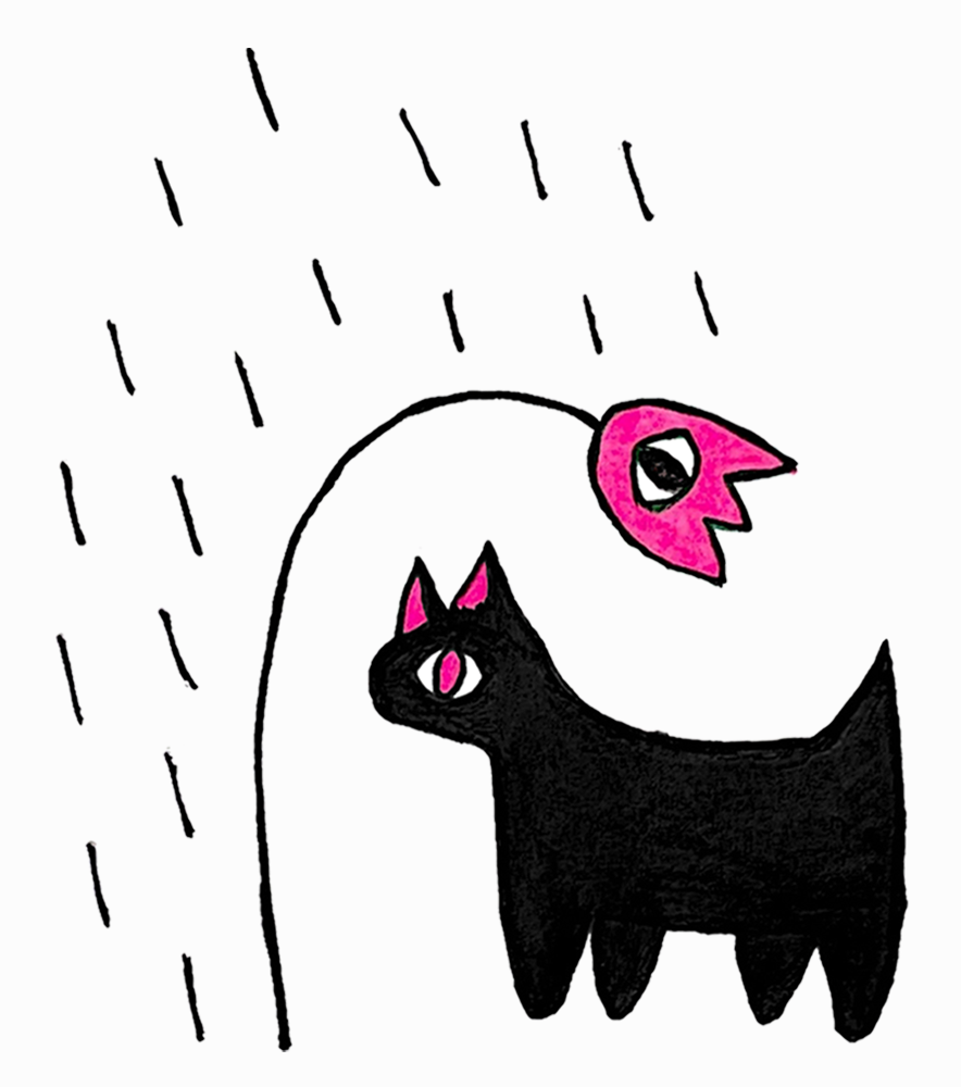Drawing of a simply stylized, vaguely cat-like critter that is solid black with pink details, next to a pink flower with a thin black stem and one eye with a black pupil. The flower is bent over the critter, as if protecting them from the precipitation-like black lines scattered around the flower. The entire composition lies on a slightly off-white background.