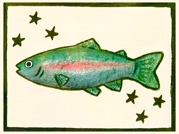 Drawing of a rainbow trout surrounded by several dark green stars that match the color of the fish’s lineart, as well as a dark green rectangular frame. The entire composition is centered on a light cream background.