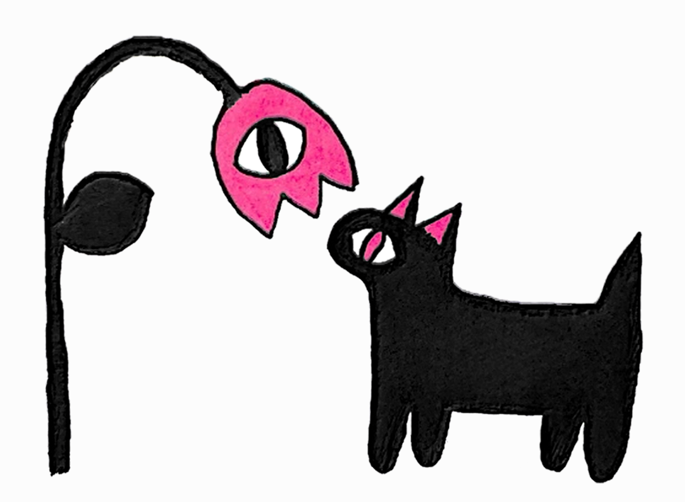 Drawing of a simply stylized, vaguely cat-like critter that is solid black with pink details, looking up towards a pink flower with a black stem, leaf, and one eye with a black pupil. The flower is bending down towards the critter, almost touching their nose. The entire composition lies on a slightly off-white background.