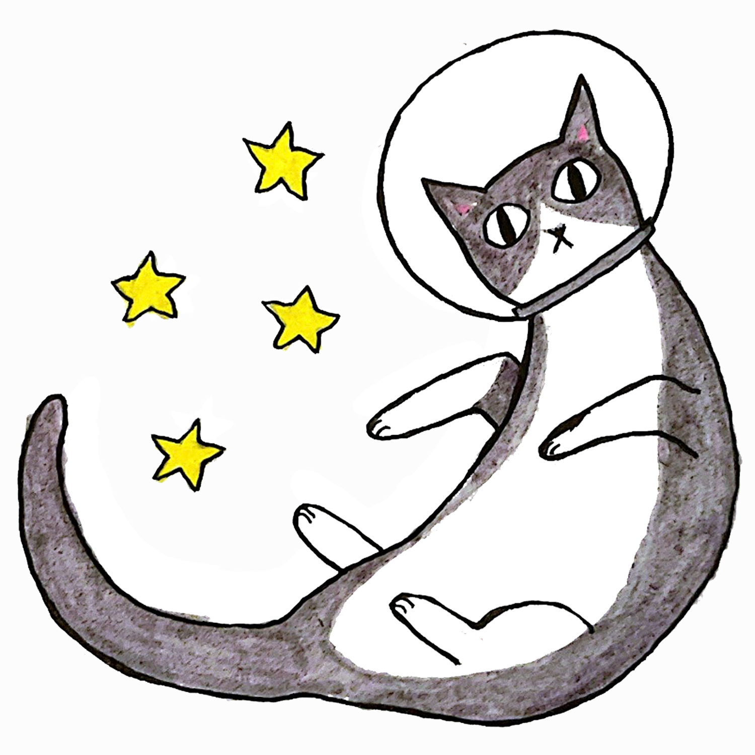 Ink, marker, and colored pencil drawing of a tuxedo cat wearing an astronaut helmet, posed as if he is floating, with four yellow stars to his left. This is on a slightly off-white background.