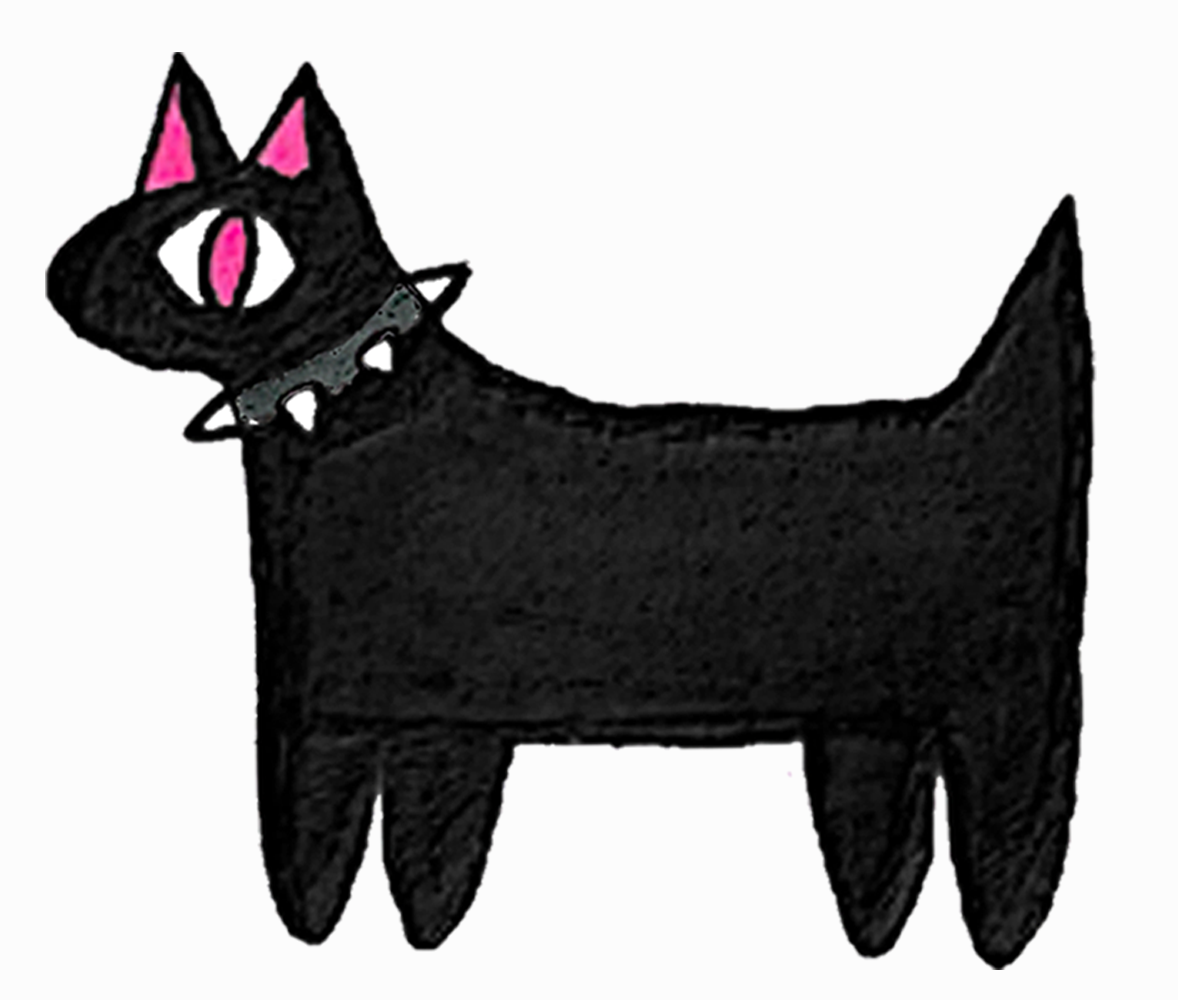 Drawing of a simply stylized, vaguely cat-like critter that is solid black with pink details, wearing a dark gray spiked collar around their neck and centered on a slightly off-white background.