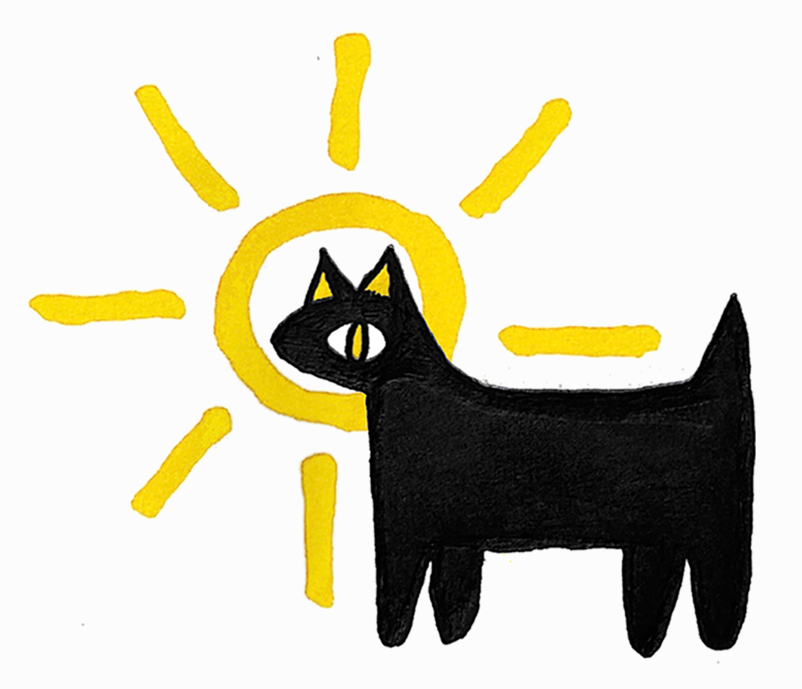 Drawing of a simply stylized, vaguely cat-like critter that is solid black with yellow details. A simply stylized yellow sun surrounds their head. The entire composition lies on a slightly off-white background.
