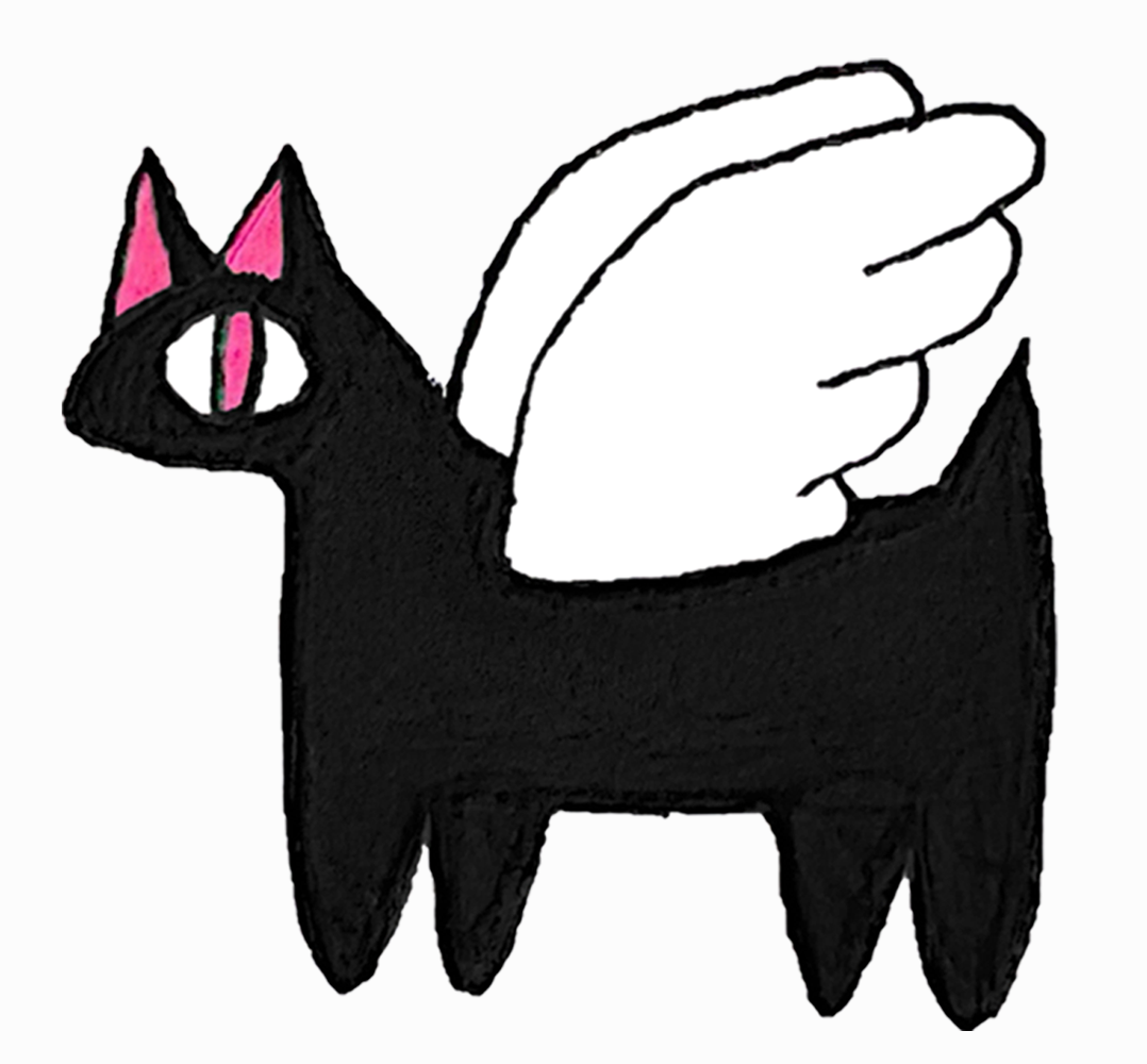 Drawing of a simply stylized, vaguely cat-like critter that is solid black with pink details and simple angel-like wings on their back, centered on a slightly off-white background.