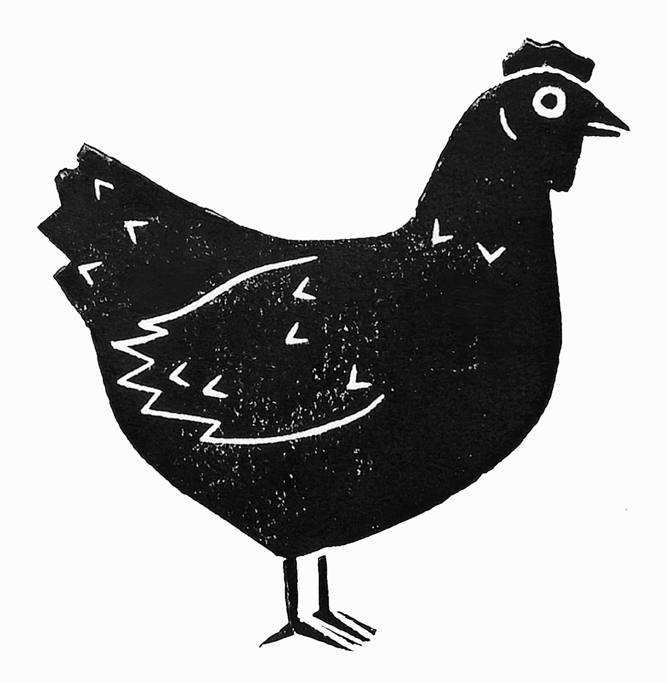 Somewhat grainy black-and-white linocut print of a simply stylized chicken, centered on a slightly off-white background.