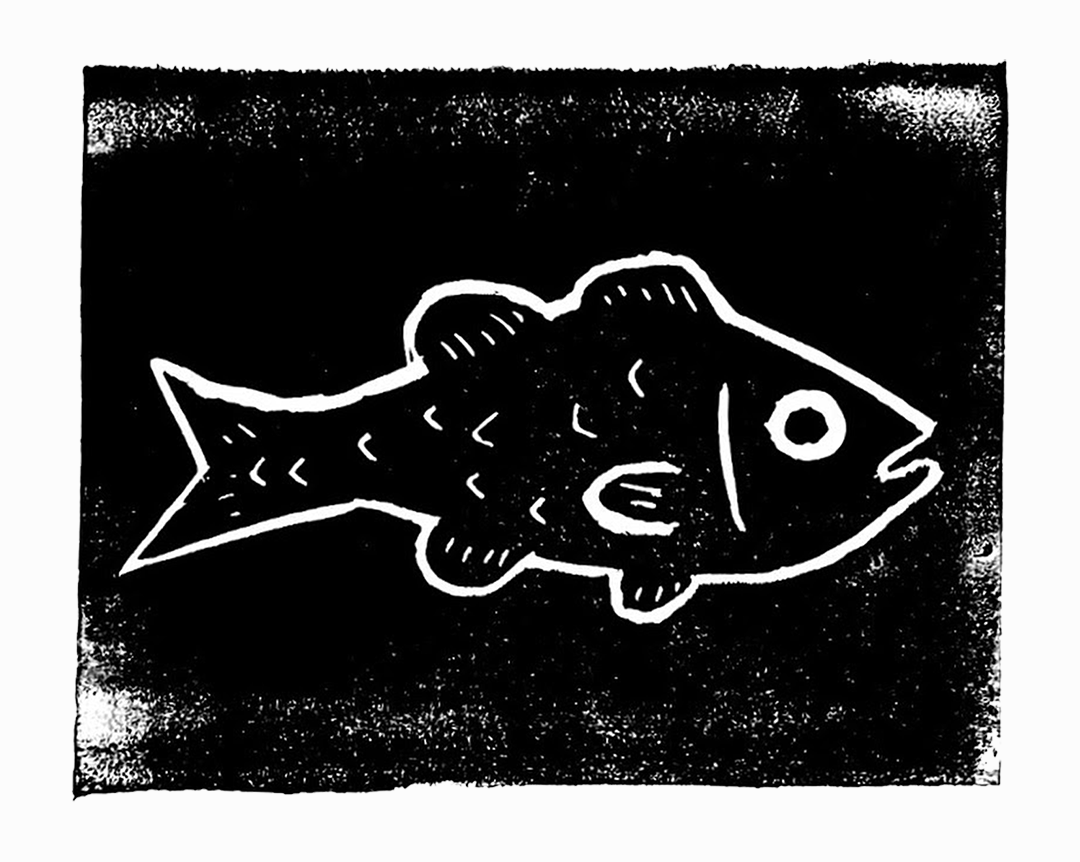 Somewhat grainy black-and-white linocut print of a simply stylized fish centered inside a black rectangle with grainy/faded areas on the edges. The entire print is centered on a slightly off-white background.