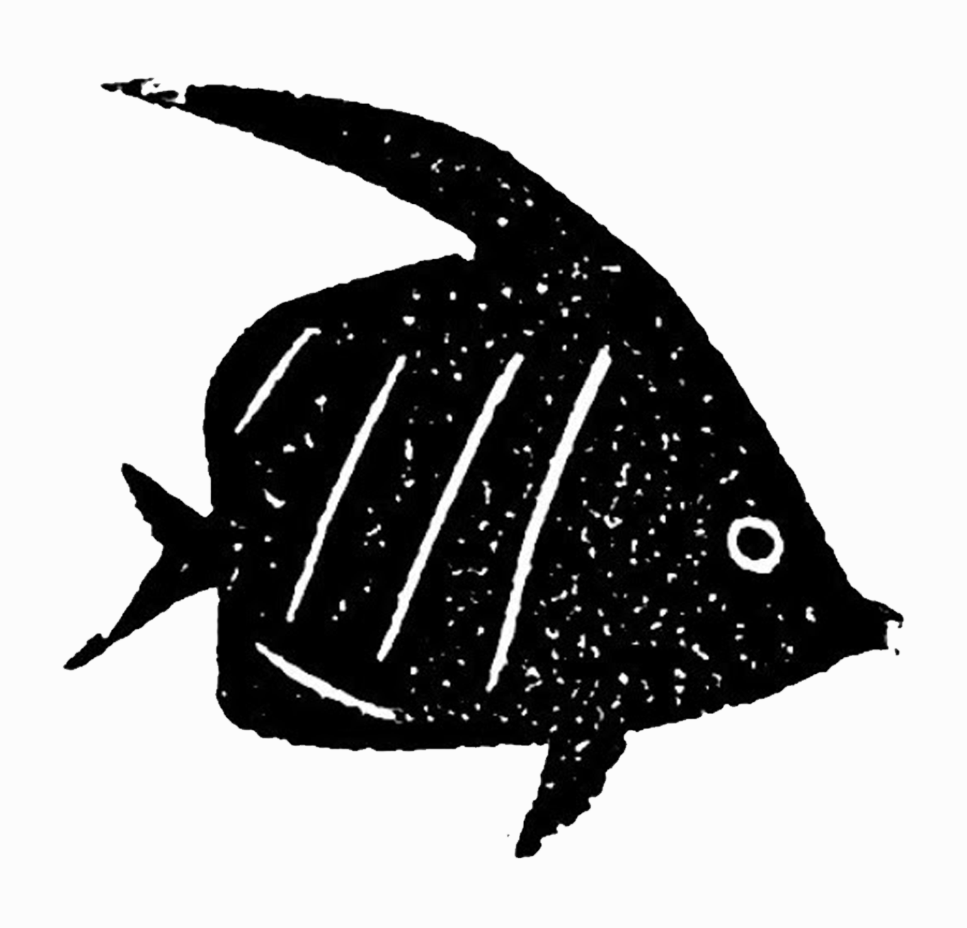 Somewhat grainy black-and-white linocut print of a simply stylized tropical fish, centered on a slightly off-white background.