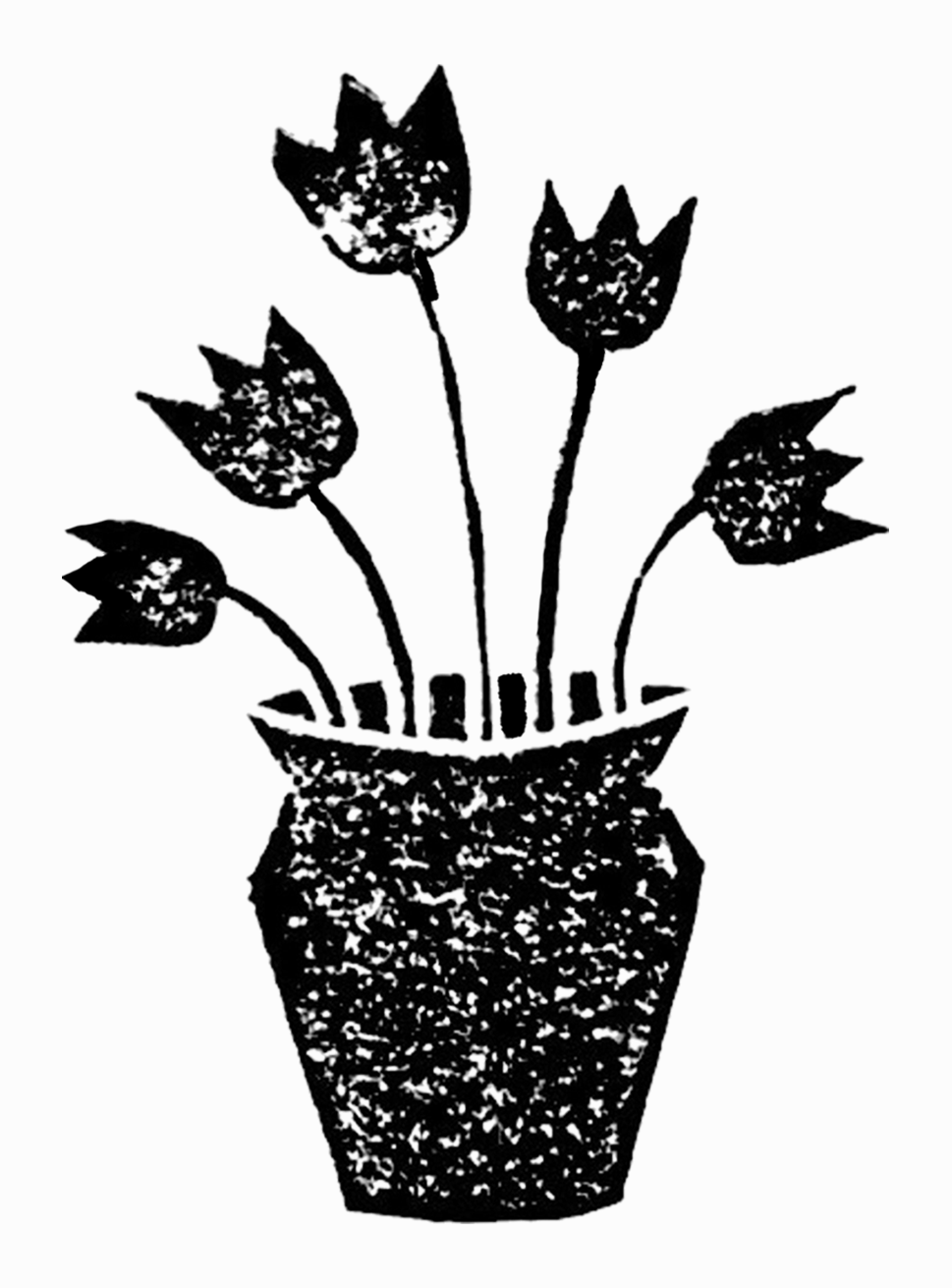 Very grainy black-and-white linocut print of a simply stylized pot of flowers, centered on a slightly off-white background.
