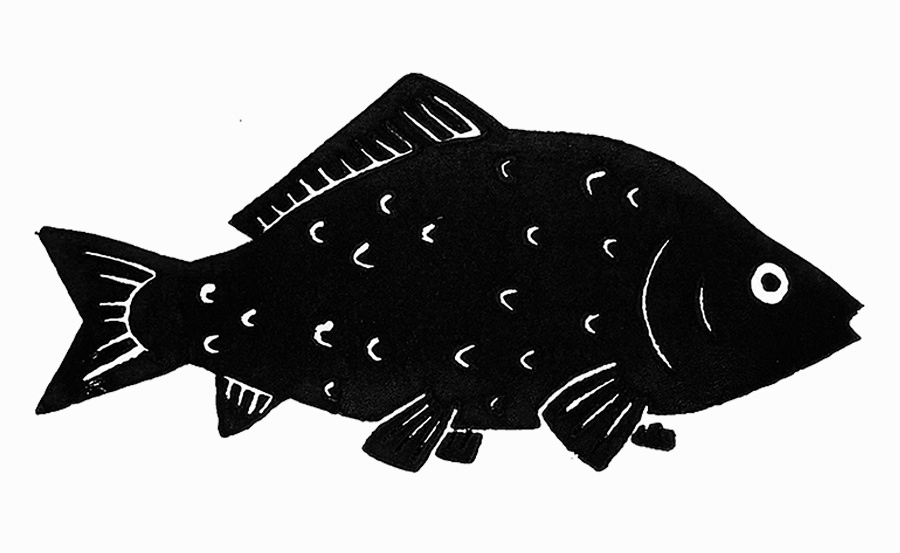 Black-and-white linocut print of a simply stylized fish, centered on a slightly off-white background, with stray marks to the left of the fish.