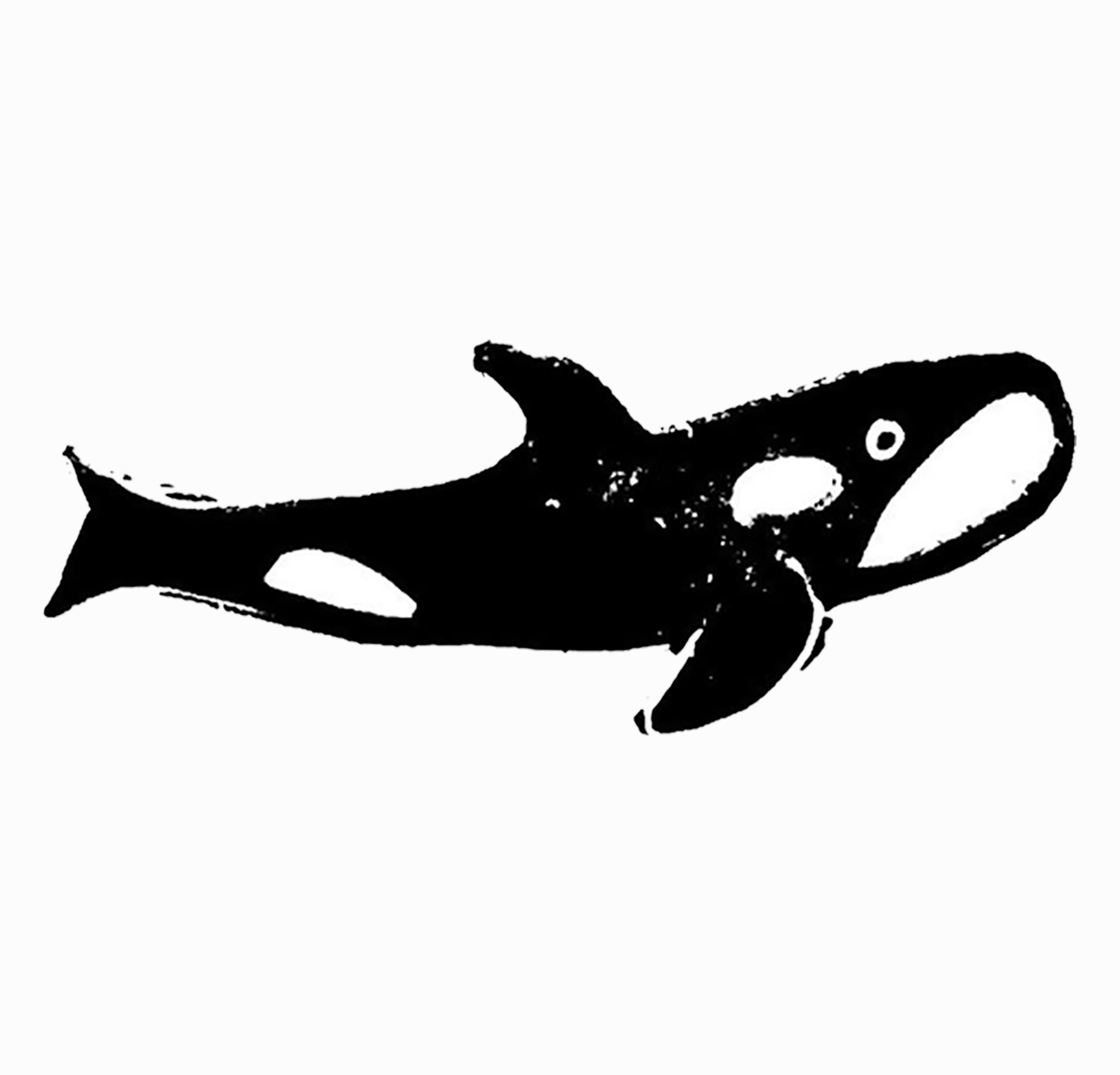 Somewhat grainy black-and-white linocut print of a simply stylized orca whale, centered on a slightly off-white background.